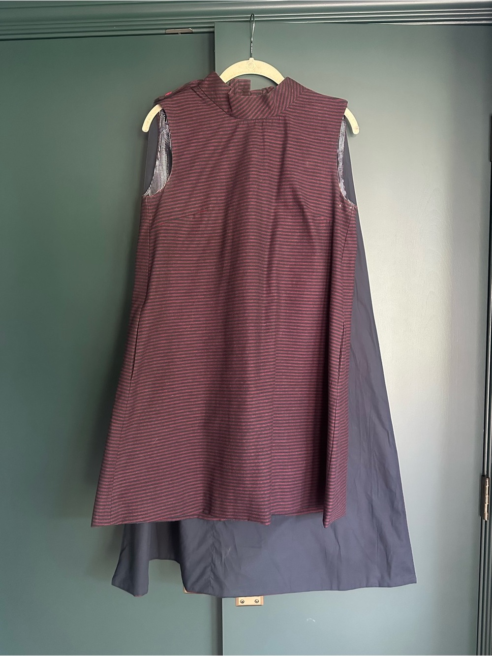 Buru Sleeveless A-Line Cape Dress in Burgundy and Navy Stripe